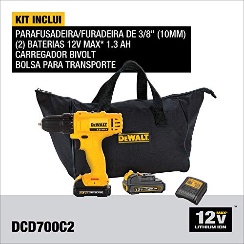 DEWALT Parafusadeira e Furadeira de 3/8 Pol. (10mm) com 2 Baterias 12V Ion-Litio 1.3Ah Bolsa e Carre