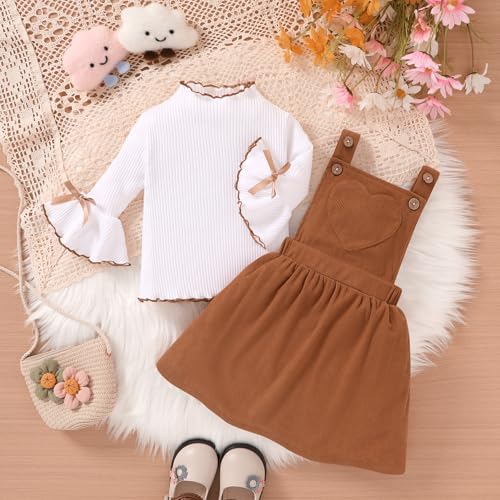 Toddler Baby Girl Fall Overall Dress Three-Quarter Flare Sleeve Shirt Corduroy Skirt Jumper 2Pcs Autumn Outfit Sets 1-5T3