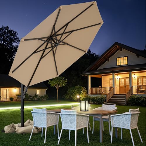 Image of Greesum 10FT Outdoor Patio Umbrella with High Pedel and 4 Gear Heights, Large Offset Market Umbrella with 360-degree Rotation, Without Base, Hanging Outdoor Shade for Garden, Lawn, Pool, Brown