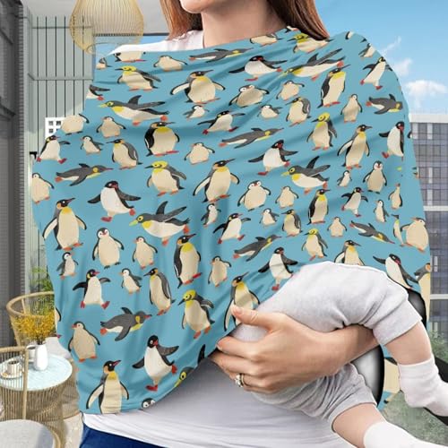 Image of Binienty Funny Penguin Pattern Nursing and Stroller Cover for Sun Protection, Baby Girls Boys Stretchy Multi-Use Breastfeeding Scarf for Moms, Newborn Essentials