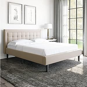 Decoro Mornington Upholstered 2.0 Platform Bed, Button-Tufted Fabric Headboard and Metal Frame with Wood Slat Support, Linen, Queen