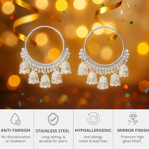 Image of Premium Oxidized Jhumki Earrings for Women | Chunky Long Ghungroo | Bridal Dulhan Temple Jewelry | Anti Tarnish Hypoallergenic Festive Earrings for Navratri, Garba, Dandiya, Diwali ,Wedding