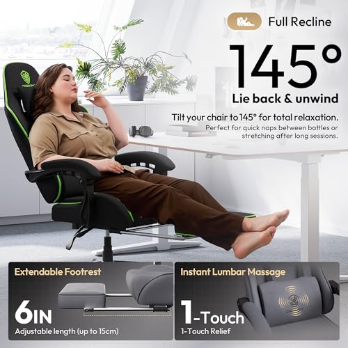 Image of Dowinx Gaming Chair Fabric Big and Tall with Pocket Spring Cushion, Massage Game Chair Cloth with Headrest, Ergonomic Computer Chair with Footrest 350LBS, Black Green