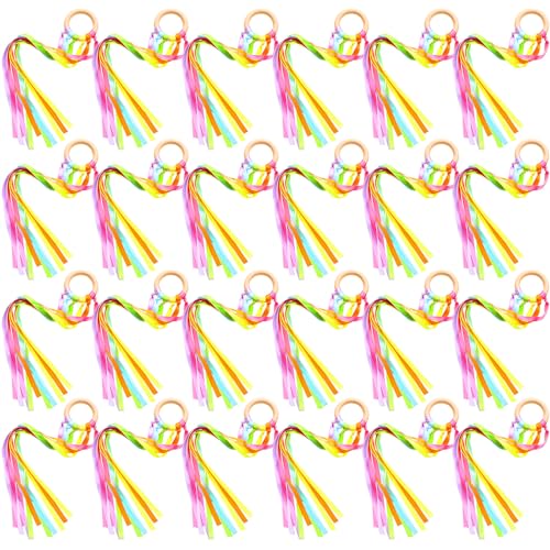 Image of Junkin Ribbon Rings Hand Kite Waldorf Toys Dancing Wrist Ribbons Rainbow Streamers with Wood Ring Educational Toy for Playroom Dancing Birthday Party Gift(Fresh,24 Pcs)
