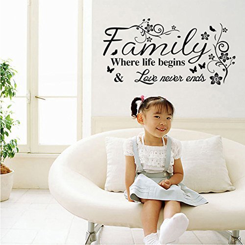 Wall Stickers 'Family Where Life Begins 'Vinyl Wall Decal Words Quote Wall Art Sticker Home Decor For Bedroom Living Room 39.3 X 15.7 In (Black) #TOP1