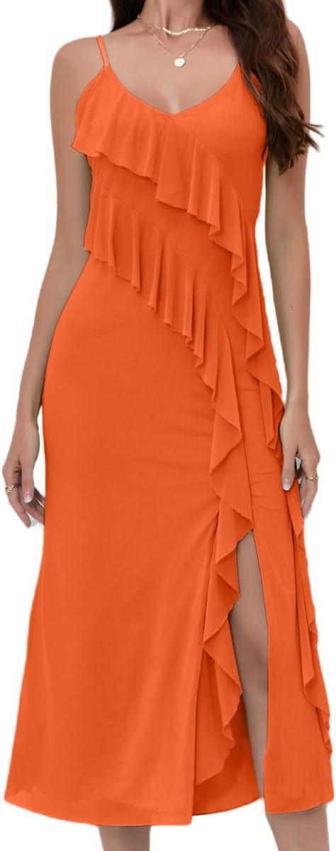 women'Printed Mesh Boho Floral Long Dress Ruffle Hem Slip Sleeveless V Neck Wrap Maxi Dress - Image 6