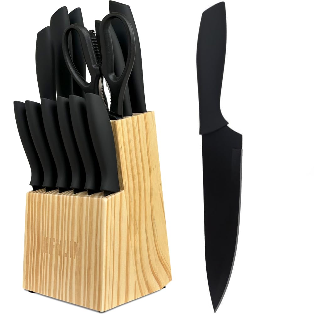 Messer set, 14 Teiliges Küchenmesser set mit Holzblock, Messer block set mit Antihaftbeschichtung,Kochmesser Brotmesser Schälmesser Steakmesser Anspitzer (14pcs-Set)