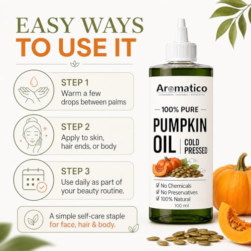 Image of AROMATICO Pumpkin Seed Oil for Hair Growth & DHT Blocking - Cold Pressed Pumpkin Seed Hair Oil for Scalp Health, Dandruff & Thicker Hair | 100ml