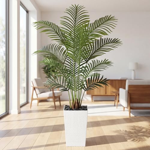 Image of 5ft Artificial Palm Tree with White Planter - Tall Fake Palm Tree Indoor Fake Tropical Plant for Home Office Living Room Bedroom Modern Decor
