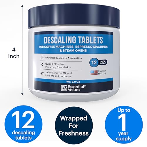 Image of Essential Values Descaling Tablets, Descaler for Keurig Coffee Machines, Coffee Maker Cleaner for Breville, Delonghi, Jura, Miele, Bosch, Tassimo Espresso Machines and Miele Steam Ovens (Pack of 12)