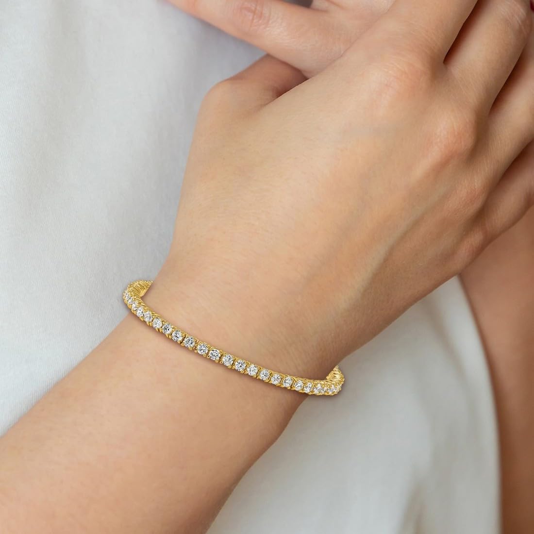JewelryWeb Bracelet rivière en acier inoxydable plaqué jaune poli avec zircone cubique imitation diamant 19 cm 4 mm de large – Bracelet tennis pour femme, taille unique, Zircone cubique Pierre