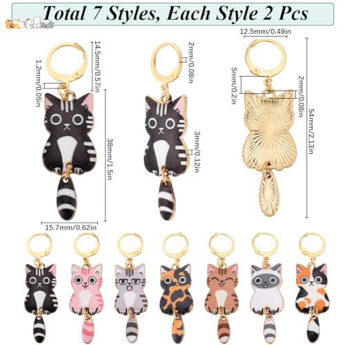 SUNNYCLUE 14Pcs 7 Styles Knit Stitch Marker Charm Cat Crochet Markers Cute Enamel Alloy Small Locking Stitch Marker Planner Charms for Knitting Crocheting Quilting Weaving Jewelry Making Supplies