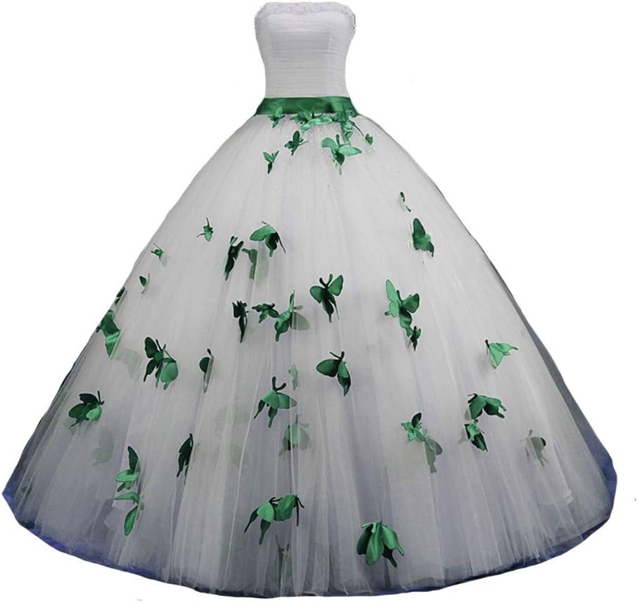 Kivary Strapless Ball Gown Butterfly Flowers Pearls Long Prom Gown Wedding Dress