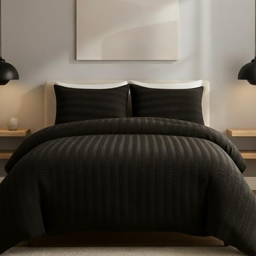 AHS - Single Black Seersucker Duvet Set Cover With Pillow Case - Multiple Sizes - Complete Bedding Set - Ultra Soft Brushed Microfiber - EasyCare & Machine Washable — image 1