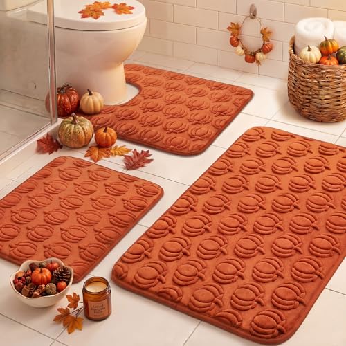 Drydiet Fall Pumpkin Bathroom Rug Sets of 3 Thanksgiving Non Slip Bath Mats Soft Absorbent Microfiber Contour Toilet Rug Embossed Pumpkin Bathroom Decor Floor Mats Washable (Orange)