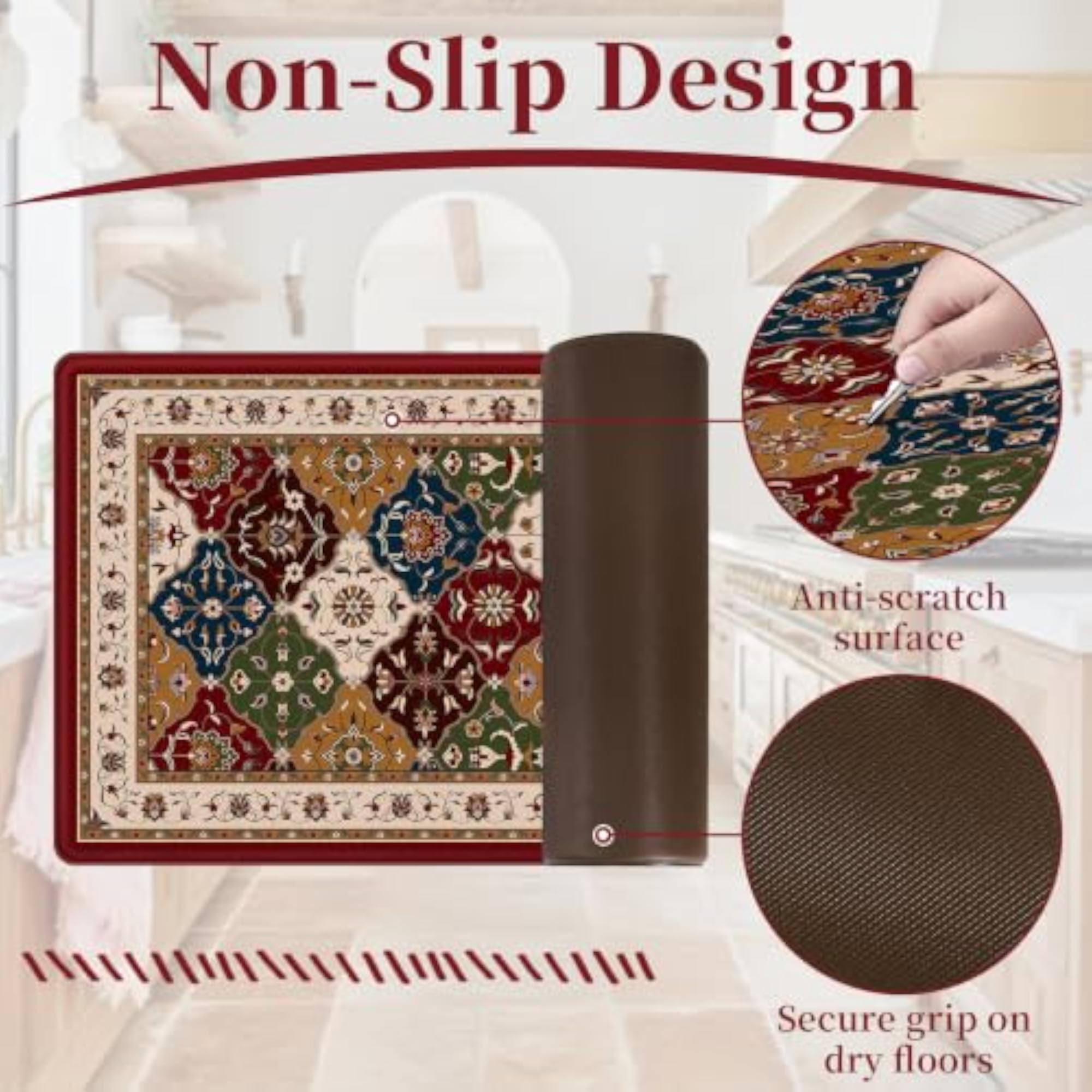 Turkish Patchwork Kitchen Floor Mats, 2-Piece Non-Slip Anti-Fatigue Rugs