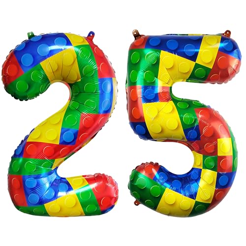 Image of 32 Inch Building Block Number 25 Balloons birthday Block Themed Large Big Helium Foil Mylar Balloon for Girls Boys Birthday Party Decoration Supplies
