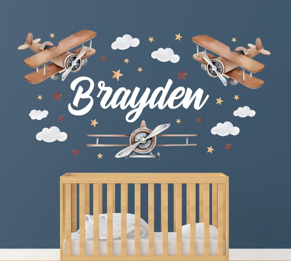 Personalized Airplane Name Wall Decals for Kids Bedroom - Nursery Wall Stickers Aircrafts - Large Airplanes Room Decal Vinyl Sticker - Baby Home Decor