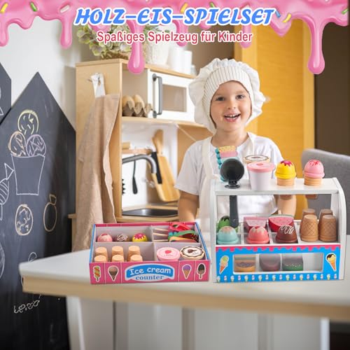 Wooderma Eisdiele Kinder Holz, Kinderküche Zubehör, Eisladen Kinder Holz, Kaufladen Rollenspiele, Holzspielzeug Spielküche Zubehör, Eiscreme Einkaufsladen, Montessori Spielzeug, Geschenk ab 3 Jahren