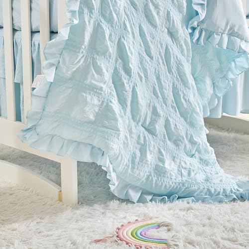 Image of Ruffled Crib Bedding Set Baby Boho Quilted Comforter with Fitted Sheet and Bed Skirt - Cute Soft Breathable Seersucker Ruffled Shabby Chic Bedding Soft Blanket Design - Blue