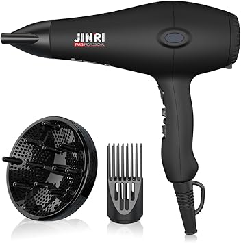 JINRI Hair Dryer, 1875W, 3 Heat & 2 Speed, with Diffuser, with Concentrator, Detachable Air Intake, Ionic Technology & Infrared - Black, Hanging Strap, Non-Foldable JR-108