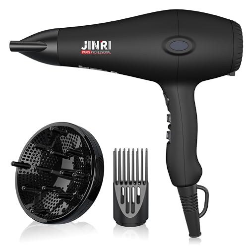 JINRI Hair Dryer, 1875W, 3 Heat & 2 Speed, with Diffuser, with Concentrator, Detachable Air Intake, Ionic Technology & Infrared - Black, Hanging Strap, Non-Foldable JR-108