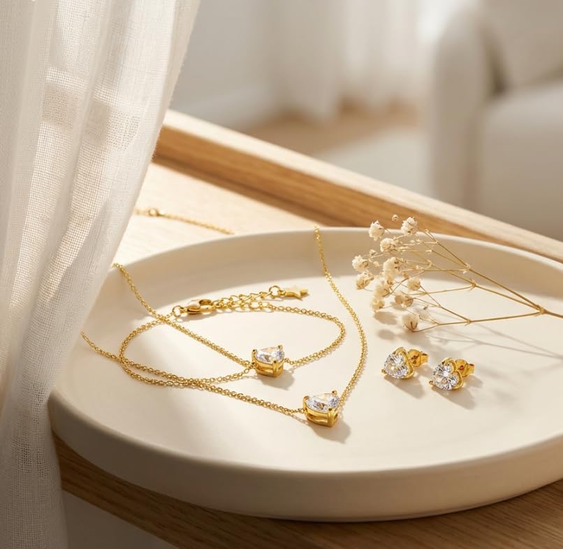 Valentines Gold Necklace Bracelets Earrings for Women Set, Hypoallergenic 316L Stainless Steel Heart in Cubic Zirconia 18K Gold Plated Jewelry Set, Day Birthday Gift for Her Thoughtful Jewelry for Every Woman You Love - Image 3