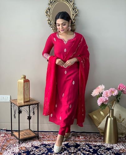 Image of Yashika Women Pink Embroidered Chanderi Fabric Straight Kurta, Pant and Dupatta Set