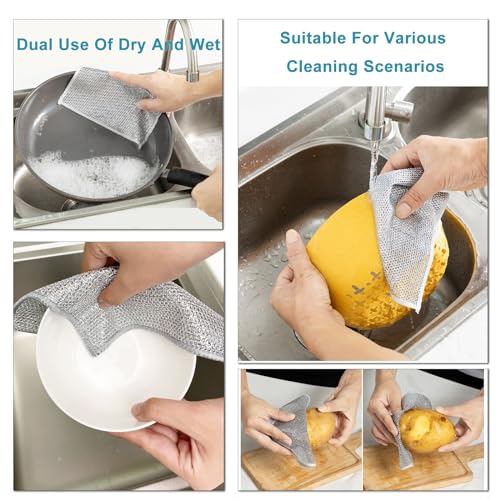 Image of Double Layer Multipurpose Non Scratch Wire Dishcloth, Soft Wire Dishwashing Rag Safe for Non-Stick Cookware, Scrubs & Cleans for Dishes, Sinks, Counters, Stove Tops, Easy Rinsing (6Pcs)