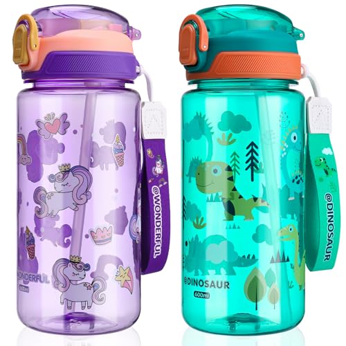 2 Stück Trinkflasche Kinder,600ml Sport Wasserflaschemit Strohhalm,Auslaufsicher Flip-Top-Deckel Tragbare Kinder Wasserflasche Geeignet für Mädchen und Jungen(Green Dinosaur,Lila Einhorn)