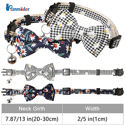 Image of Cat Collar Breakaway with Bells,Cute Cat Bow Tie,2 Pack Safety Plaid& Flower Kitten Collar for Girl Boy Male Cats(Dark Blue & Black Plaid /Flower)