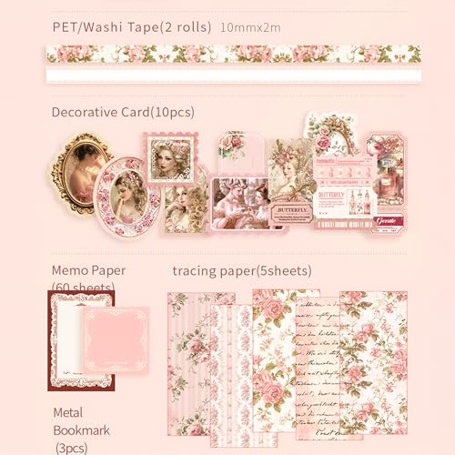 Image of The AutoStory Elegant Scrapbook Album A6 Junk Journal Flower Stickers Vintage Collage Paper Washi Tape DIY Craft Art Keepsake Memory Book Decoration Sets Teens Girls (Royal Camelia, Pink)