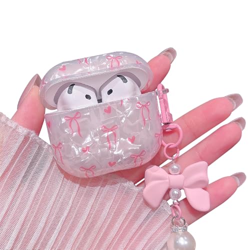 Image of MINSCOSE for Cute Glitter AirPods 4 Case,Shell Pattern Bow Ribbon Trendy Design with Bowknot Pearl Keychain,Protective Shockproof Cover for Apple Airpods iPod 4th Generation for Women Girl-Pink