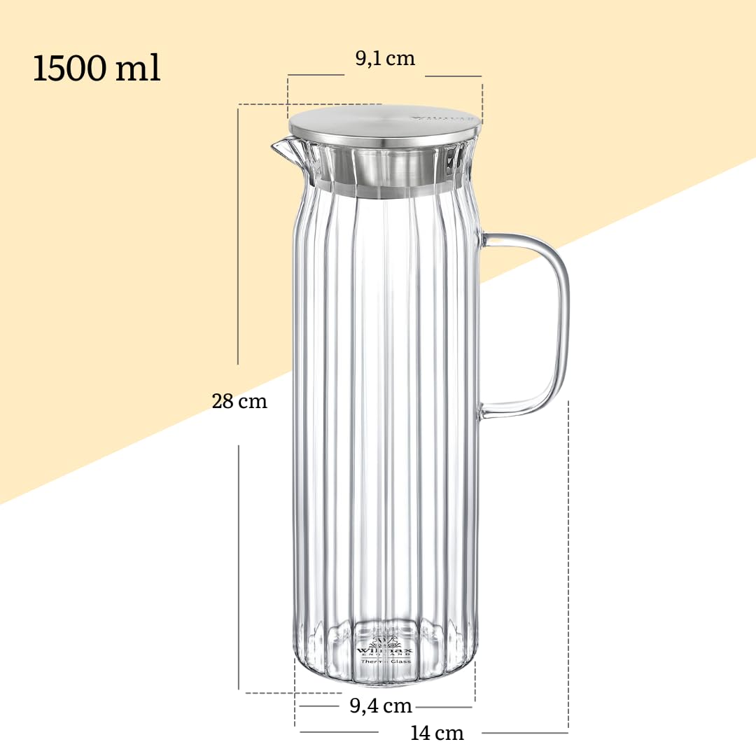 Wilmax | Glaskaraffe 1,5L mit 6 Wassergläser 300ml im Set | Deckel aus Edelstahl | Wasserkaraffe aus geriffeltem Glas | Wasserkrug für Saft, Wasser, Eistee, Milch | Glaskaraffe | Wasserkanne