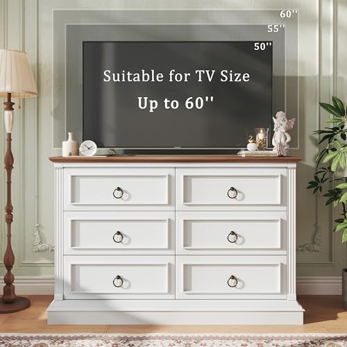 Image of HUAHUU Farmhouse 6 Drawer Dresser for Bedroom, 47 inch Wide Chest of Drawers with Roman Column, White Wood Dresser with Antique Bronze Circle Handles, Storage Organizer for Living Room, Hallway, Entryway