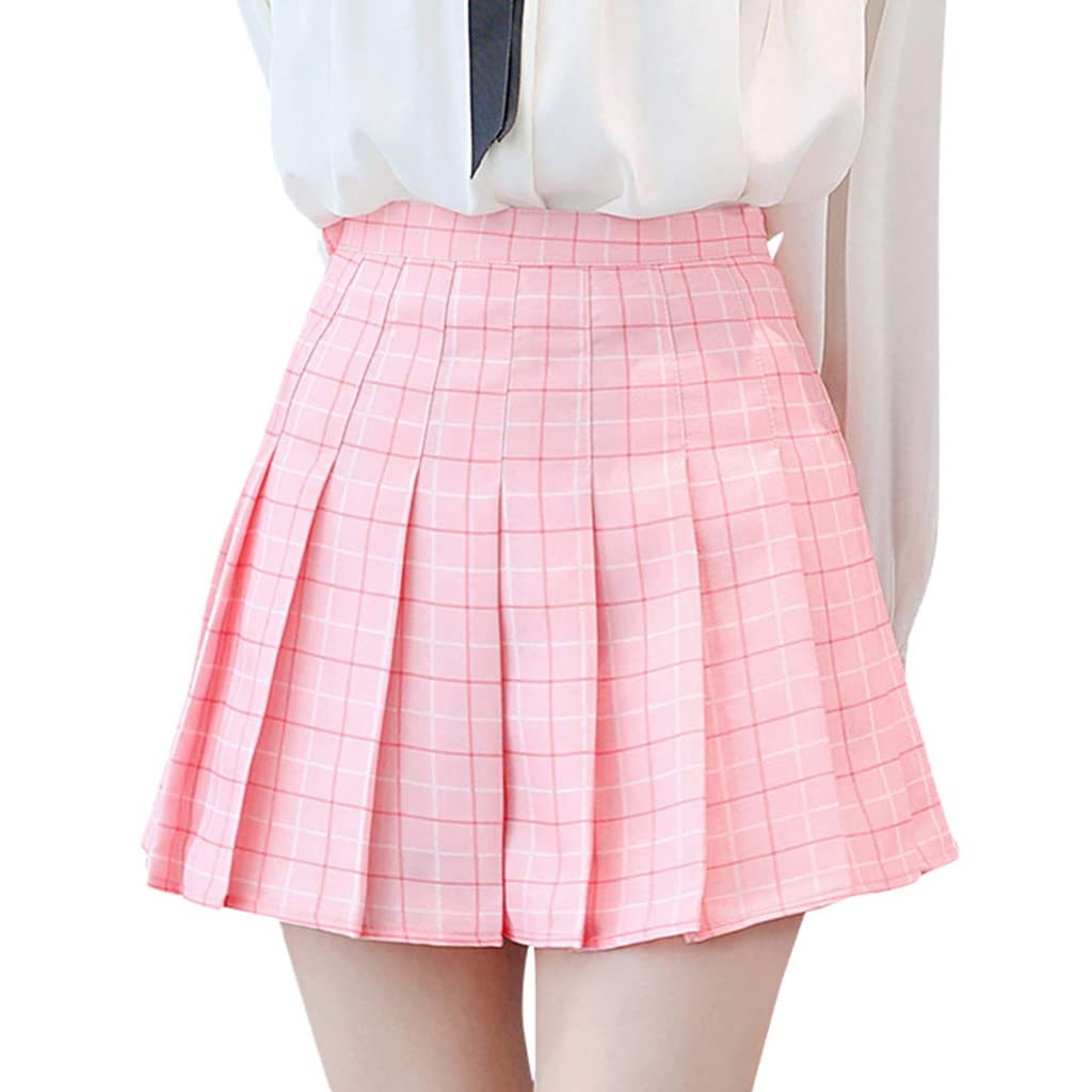 OLDZ Women Girls Short High Waist Pleated Skater Tennis School Skirt Casual Plaid Skirt Kawaii