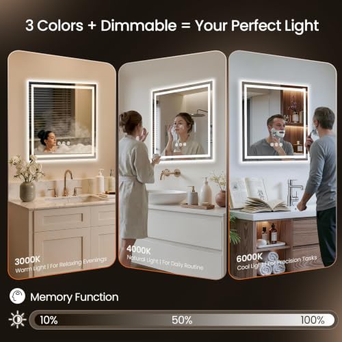 Image of 36x36 LED Bathroom Mirror with Anti-Fog, Backlit & Front Lit, Memory | Stepless Dimmable 3 Color CRI 95+ Shatterproof Tempered Glass ETL Listed for Safety Lighted Bathroom Vanity Mirror for Wall