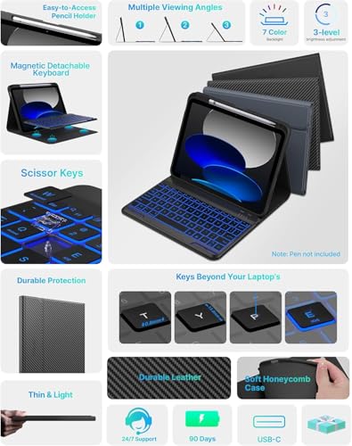 Image of typecase Folio Keyboard Case for iPad A16 (11th) & iPad 10th Gen 10.9 inch (2022), Magnetic Wireless Detachable Keyboard, 7-Color Premium Backlight, Thin & Light, Pencil Holder-Carbon Black
