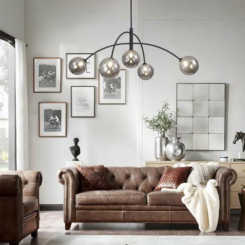 Image of Mid Century Modern Chandelier Black 5 Light Industrial Pendant Light Fixture Vintage Smoke Gray Globe Glass Sputnik Chandeliers for Bedroom Kitchen Living Room Hallway