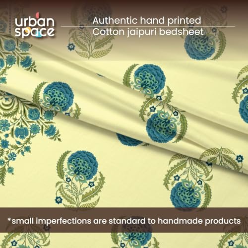 Image of Urban Space 100% Cotton Jaipuri Handblock Premium Printed King Size Bedsheet with 2 Pillow Covers, 240 TC Cotton King Bedsheet (108 x 108 Inches, Chaandbali Sage Green)