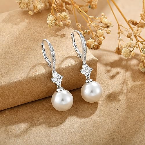 Women Pearl Earrings 925 Sterling Silver Leverback Dangle Drop Earrings 5A Cubic Zirconia Dainty Pearl Jewelry Valentine's Day Anniversary Mother's Day Birthday Gifts for Her3