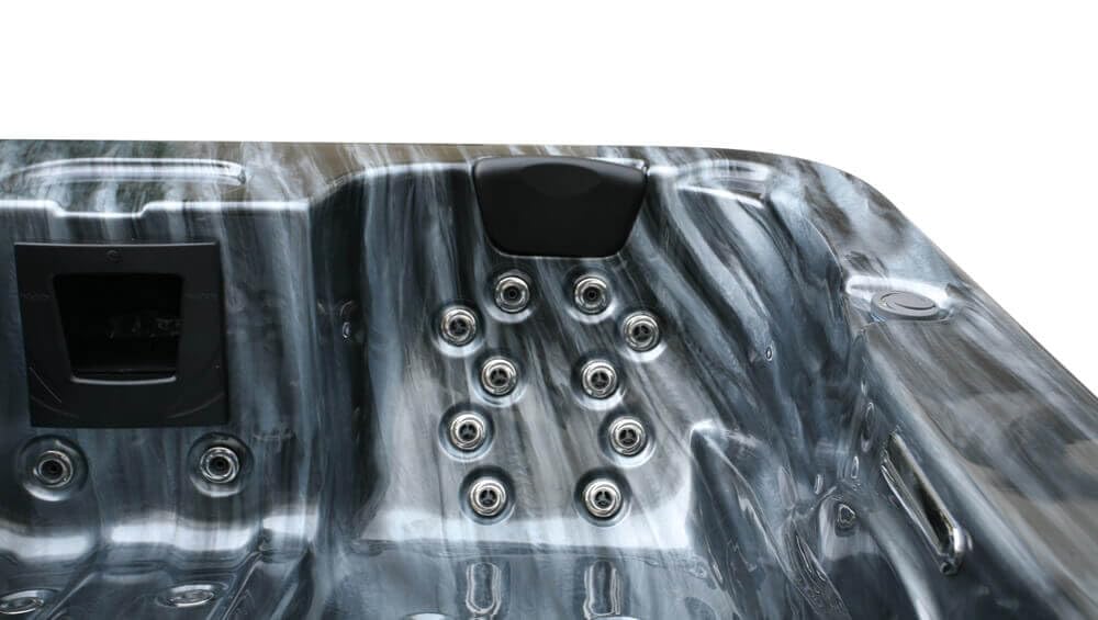 Home Deluxe - Bañera de hidromasaje Exterior - Peldaños y Cubierta térmica de MÁRMOL Negro Plus - Dimensiones 210 x 160 x 85 cm - Incluye calefacción, 27 Jets de Masaje y 9 Fuentes de luz I Bañera de