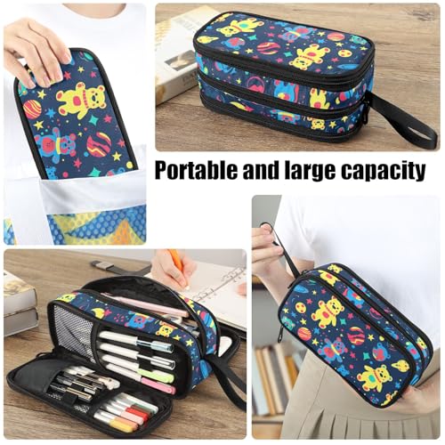 Image of Fustylead Vibrant Colorful Space Bears and Moon Stars Big Capacity Pencil Pen Case Multi-Purpose Organizer for Office College School Hiking Travel