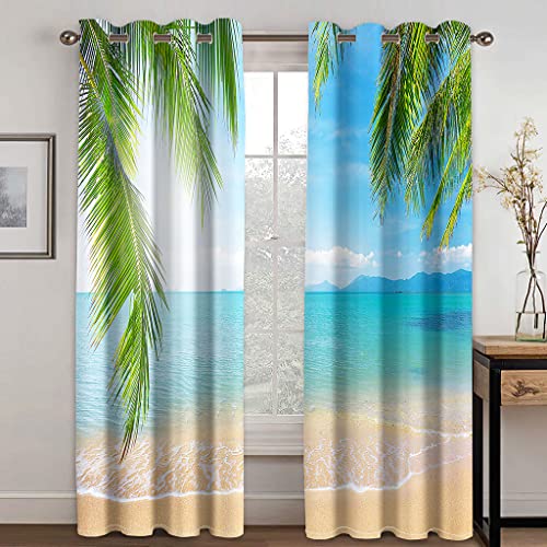 GDYRYD Cortinas Habitacion Bebe Niño - Impresión Playa del Océano Azul 3D 110x210cm Cortinas Opacas Termicas Aislantes Frio Y Calor Salon Dormitorio Juvenil Infantil Cocina 2 Piezas