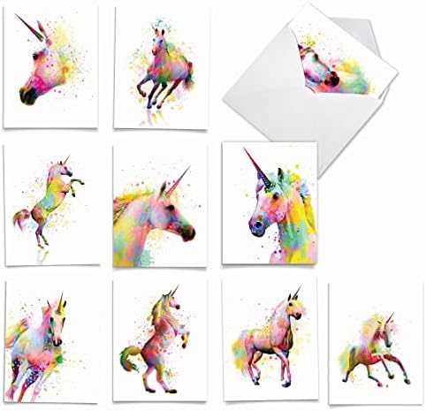 The Best Card Company Assorted Watercolor Animal Blank Greeting Card Box Set - Incl. 10 Unique Notecards Designs + Envelopes, Thank You, Invitations, More - Funky Rainbow Unicorns AM6748OCB-B1x10