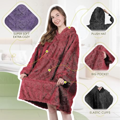 MIZZEO Oversized Wearable Blanket One Size Fits All, Super Warm and Cozy Flannel Hoodie Blanket for Women Men (BURGUNDY)