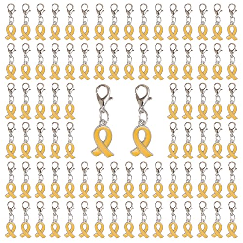 CRAFFANCY 100 Pcs Gold Ribbon Pendant with Clasps, Childhood Cancer Awareness Alloy Ribbon Charms for Jewelry Making