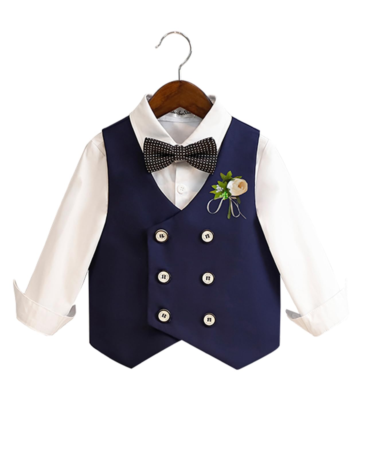 Traje de Caballero para Bebé Niño Set de Camisa + Pantalón + Chaleco + Pajarita + Broche de Flore Conjunto de Ceremonia Bautizo Boda