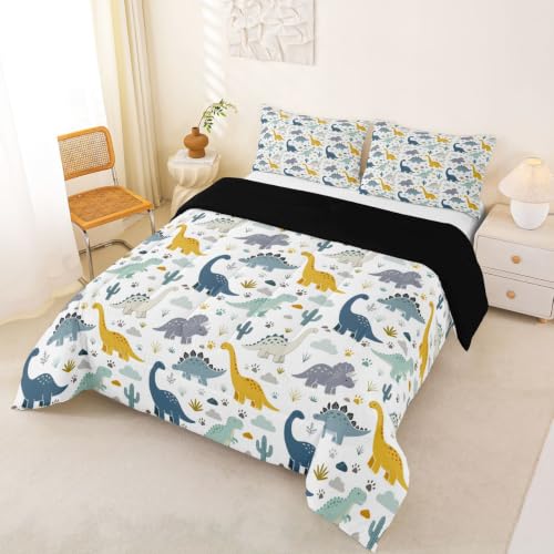 Image of Feelyou Dinosaur Kids Comforter Set Full Size 3D Dino Print Bedding Set Jungle Dino Duvet Quilt for Kids Boys Girls Bedroom Wild Animal Decor Microfiber Ultra Soft Breathable