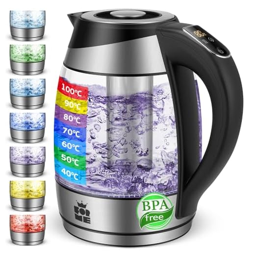 ForMe Hervidor Eléctrico de Vidrio Agua 1,8 Selección de Temperatura Regulable 40-100ºC I Pantalla Digital I Siete colores de LED I Libre de BPA I Cristal Hervidora Función de Mantener Caliente Tetera